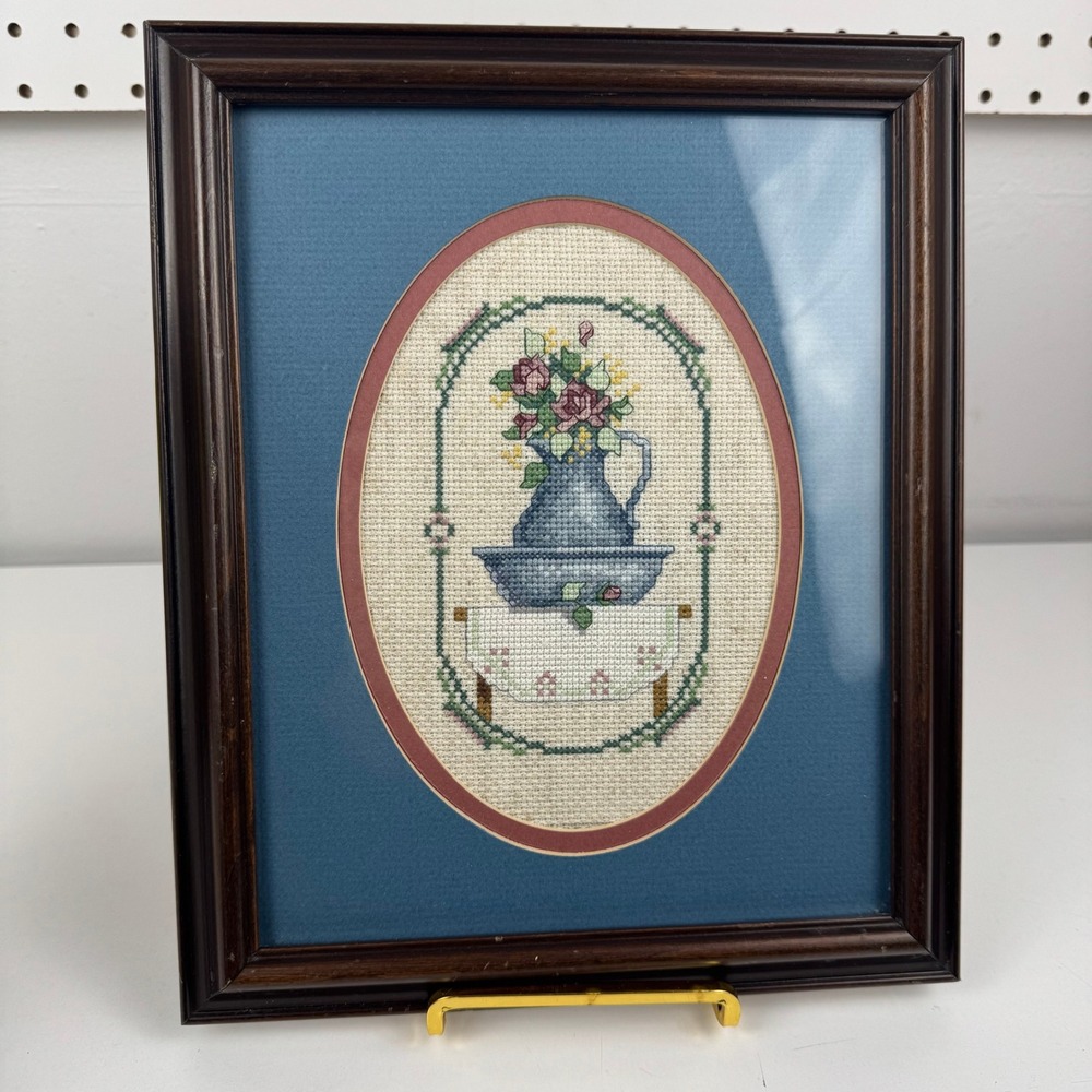 Vtg 1990 Handmade Cross Stitch Blue Pitcher Basin Framed Wall Art Cottage